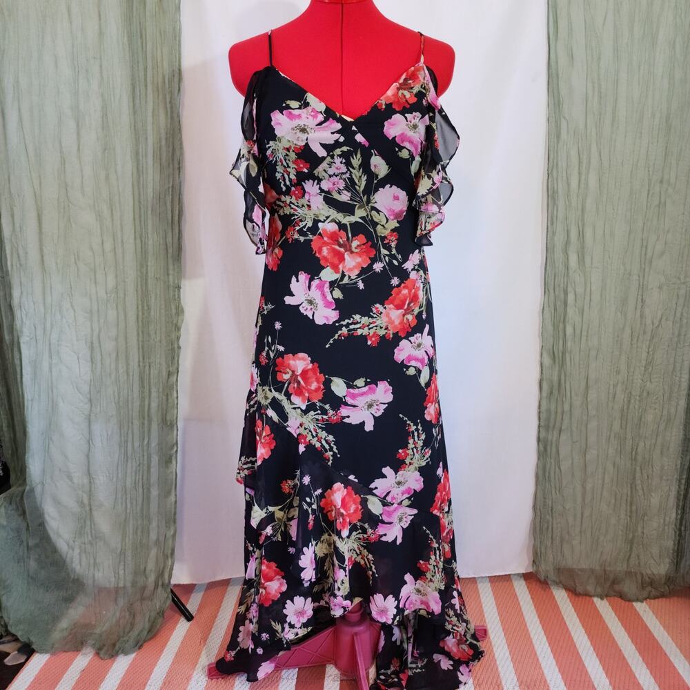 Speechless Black Floral Long Hi-Low Ruffle Spaghetti Strap Summer Dress Size M